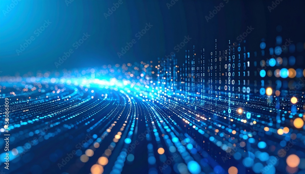 Poster a glowing digital landscape with streams of binary data and light trails, symbolizing high-speed tec