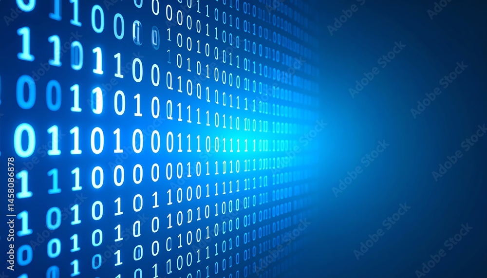 Poster a stream of binary code in blue tones fades into the distance, symbolizing digital data and technolo