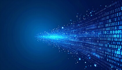 Obraz premium Digital binary code streams across a blue background, representing data flow and technology.