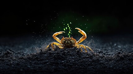 Focused macro shot of crab on dark beach surface, natural green tones behind