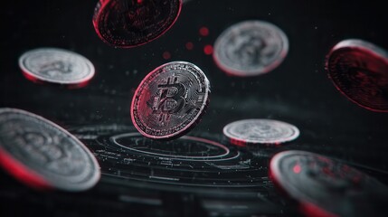 Cryptocurrency bitcoins floating in dark digital environment