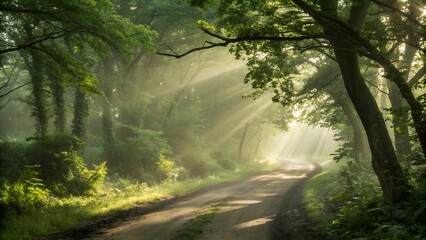 Obraz premium Lush Forest Path at Sunrise with Sun Rays and Green Trees