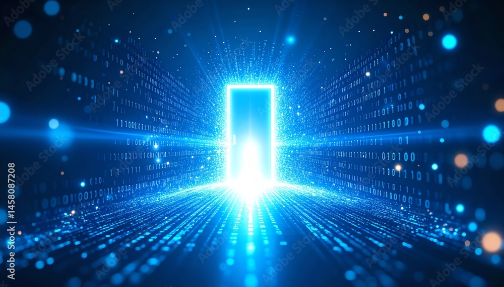 Poster a glowing digital door opens in a corridor of binary code, symbolizing access to futuristic technolo