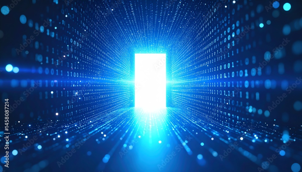 Poster a bright, glowing doorway opens in a tunnel of digital binary code, symbolizing a gateway to the dig