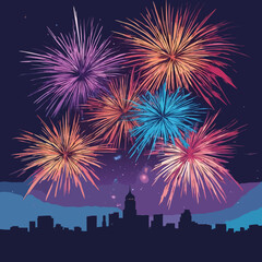 City & Nature Fireworks Celebration – Scenic Skyline & Sunset Explosions