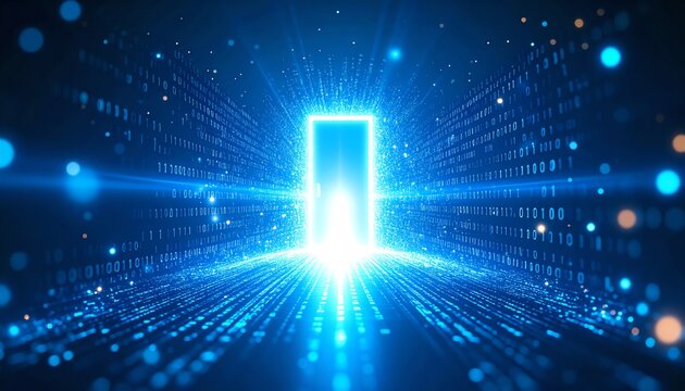 A glowing digital door opens in a corridor of binary code, symbolizing access to futuristic technology and data-driven possibilities.