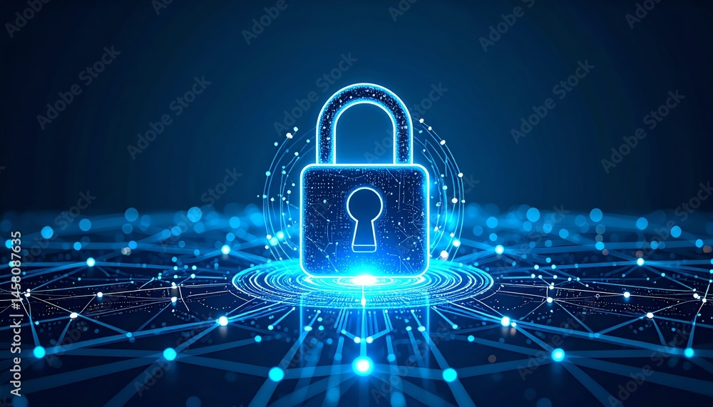 Aufkleber a glowing digital padlock symbolizes cybersecurity and data protection within a connected network.