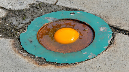 Urban art installation: yolk-like sphere in repurposed aqua-colored metal circle