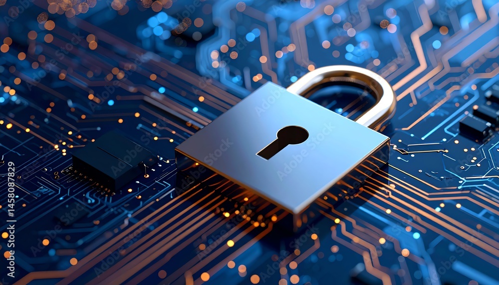 Poster a metallic padlock on a digital circuit board symbolizes cybersecurity and data protection in techno