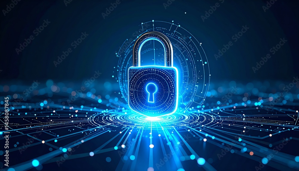 Poster a glowing digital padlock symbolizes cybersecurity and data protection in a futuristic network envir