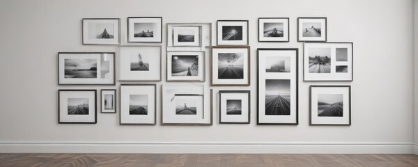 Modern gallery wall mockup  Various sized frames on white wall ,  geometric,  modern