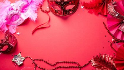 A luxurious and mysterious night masquerade concept unfolds with rich visual drama and elegance, framing an empty central space ideal for text or invitation details.