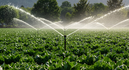 Vibrant Green Crop Field Irrigation with Sprinklers Under Bright Sunlight and Blue Sky in Rural Setting