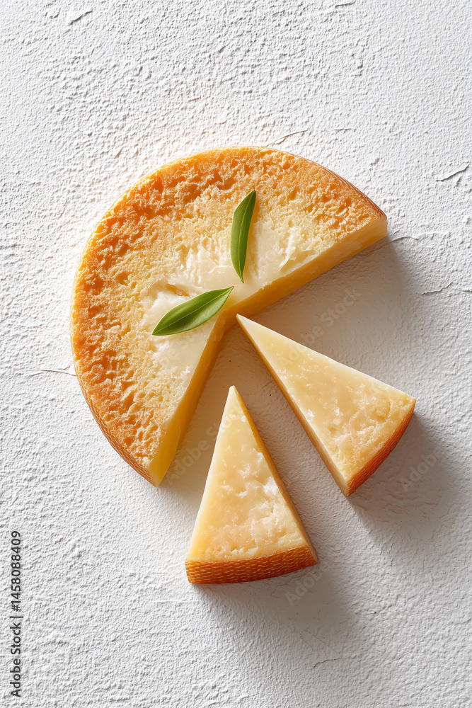 Poster pecorino cheese slice is presented in minimalist style on white surface. elegant setting with textur