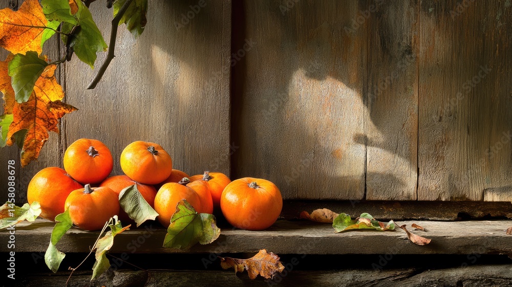 Poster freshly picked persimmons resting on earthy textures with leaf detail for rustic charm