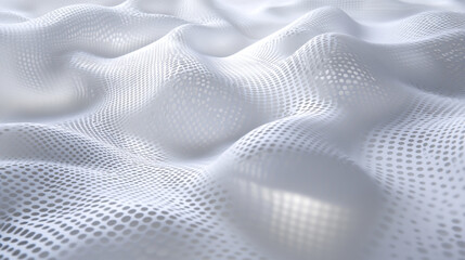 Abstract scene with flowing wave-like patterns in soft shades of white and light gray, The surface appears smooth and fabric with a delicate translucent quality, Abstract wavey design pattern.