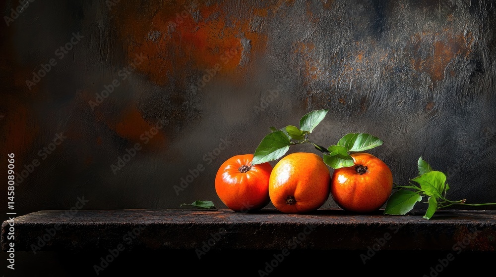 Poster freshly picked persimmons resting on earthy textures with leaf detail for rustic charm