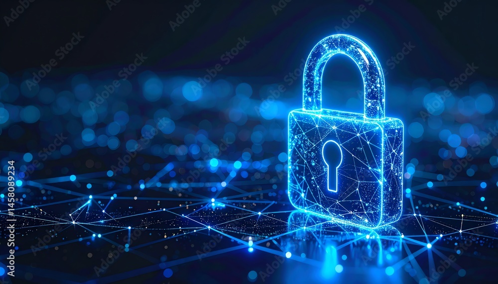Poster a glowing digital padlock symbolizes cybersecurity and data protection in a connected, high-tech vir