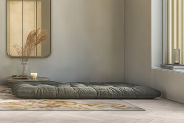 Tranquil minimalist interior with comfortable bedding and natural decor elements