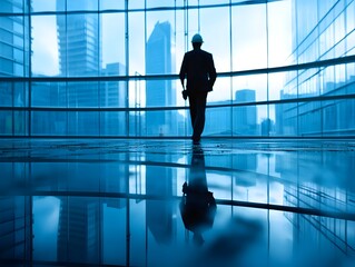 A businessman in a hardhat stands silhouetted against a cityscape viewed through a large window in a modern building.