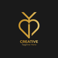 Letter Y logo with heart or love element. Initial Y and golden love.