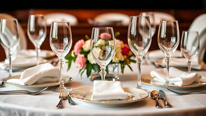Experience Elegant Fine Dining with White Tablecloths, Wine Glasses, Floral Centerpieces, Sophisticated Ambiance, Polished Silverware, Soft Lighting, and Upscale Interior Design for a Romantic, image