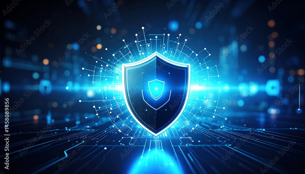 Poster a glowing shield surrounded by digital circuits represents cybersecurity and data protection in a fu
