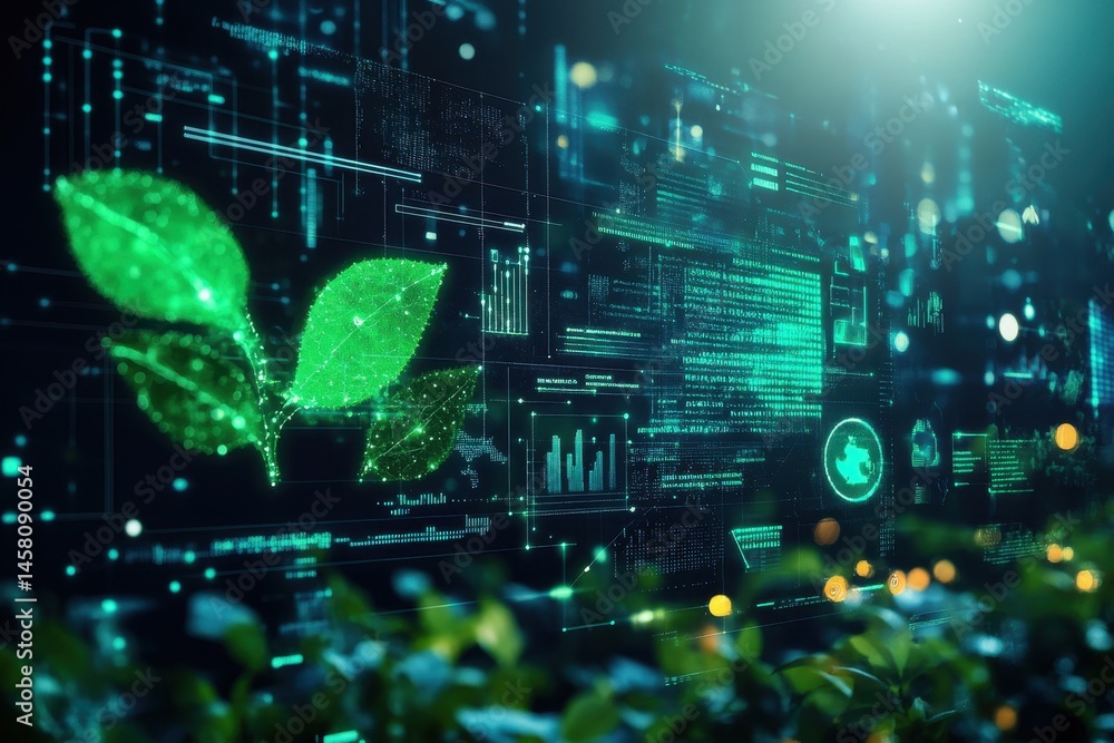 Poster eco icons and digital data processing illustrate a sustainable future through technology and nature,