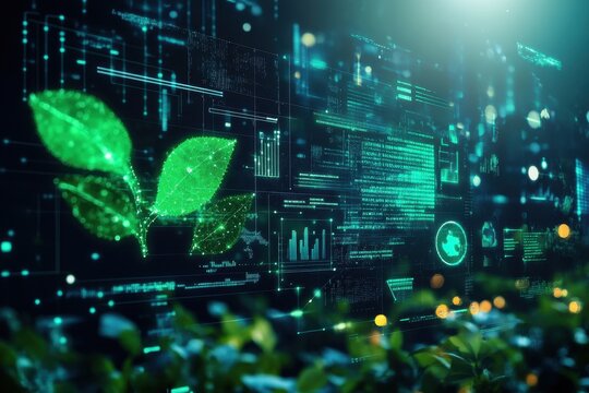 Eco icons and digital data processing illustrate a sustainable future through technology and nature, eco icons and digital data processing over scope and screens - Powered by Adobe