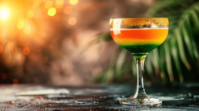 Festive World cocktail day celebration with vibrant tropical drink and sunset glow. Horizontal banner. Copy space. Beautiful orange and green cocktail on stone table, blurred background with palm leaf - Powered by Adobe
