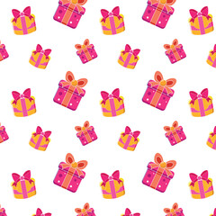 Festive seamless pattern with the image of gifts, gift boxes with a bow