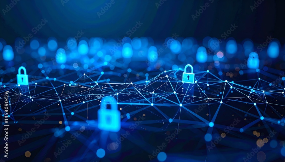 Aufkleber a digital network with glowing blue padlocks symbolizes cybersecurity and secure data connections.