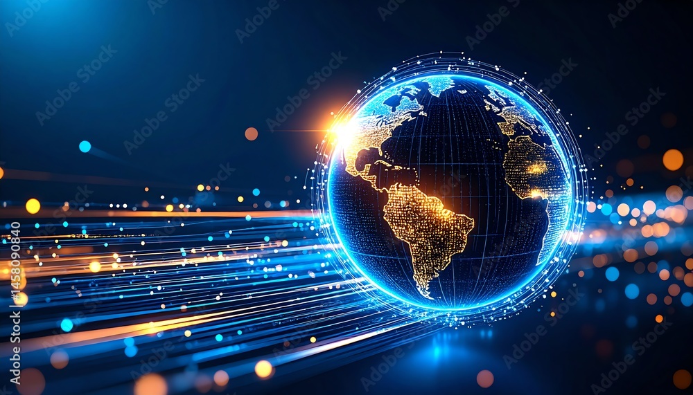 Poster a glowing digital earth with data streams and light trails, symbolizing global connectivity and tech