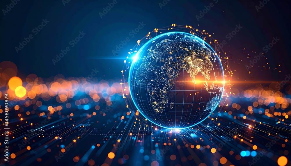 Poster a glowing digital globe with network connections and light effects, symbolizing global communication
