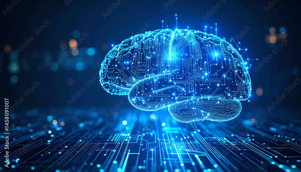 Poster a glowing digital brain made of circuits symbolizes artificial intelligence and advanced technology 