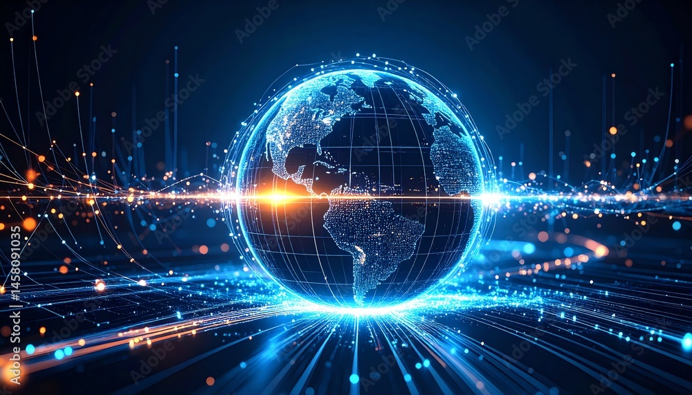 Poster a digital globe surrounded by glowing data lines, symbolizing global connectivity and technology.