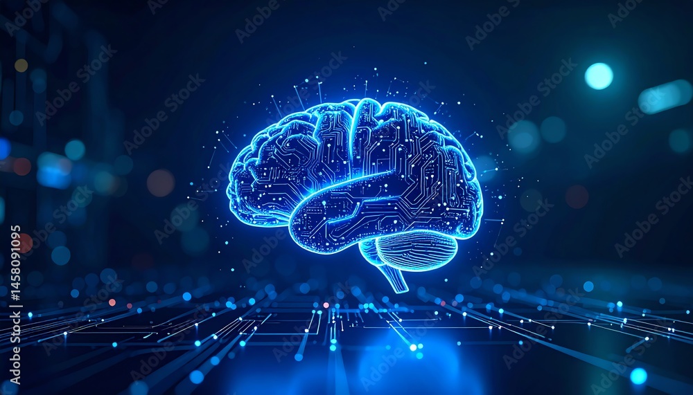 Poster a glowing digital brain with circuitry, symbolizing artificial intelligence and advanced technology 