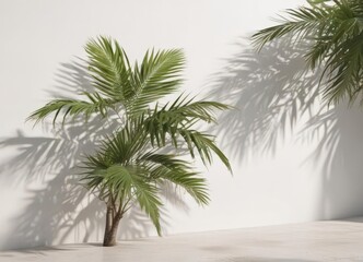 Fototapeta premium Crisp shadow of palm fronds on bright white wall Tropical, summer, sun , tropical, design