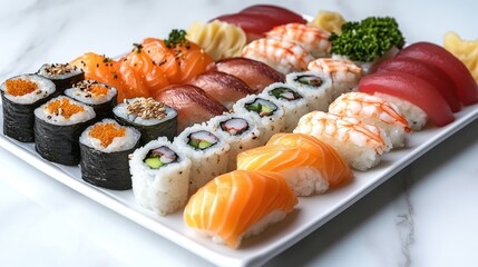 Assorted sushi platter featuring various types of fish and rolls on marble
