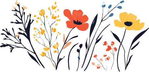 Watercolor floral set  floral set with seamless pattern and different flowers and plants collection 
 