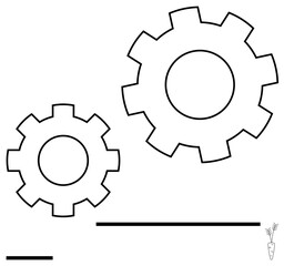 Two large interconnected gear outlines suggesting teamwork, system dynamics, machinery, efficiency. Ideal for technology, engineering, mechanics, teamwork, processes automation themes simple