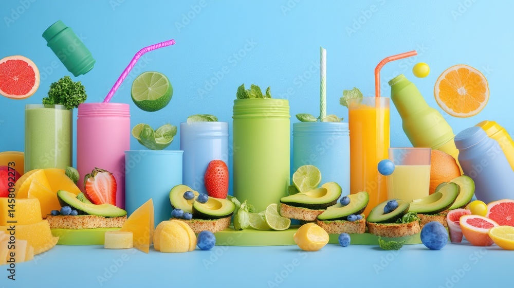 Poster healthy breakfast setup featuring assorted avocado toast with bright ingredients