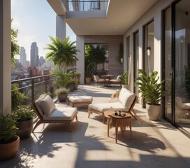 Obraz premium Modern luxury condo balcony view Sunlit living space , terrace, exclusive, open plan