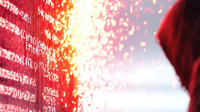 Futuristic digital data stream with bright red binary code and spark effects