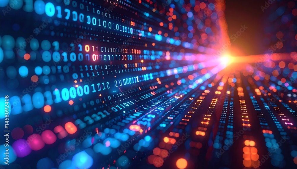 Poster a vibrant digital landscape with glowing binary code and a bright light, symbolizing data flow and t