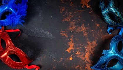 A luxurious and mysterious night masquerade concept unfolds with rich visual drama and elegance, framing an empty central space ideal for text or invitation details.