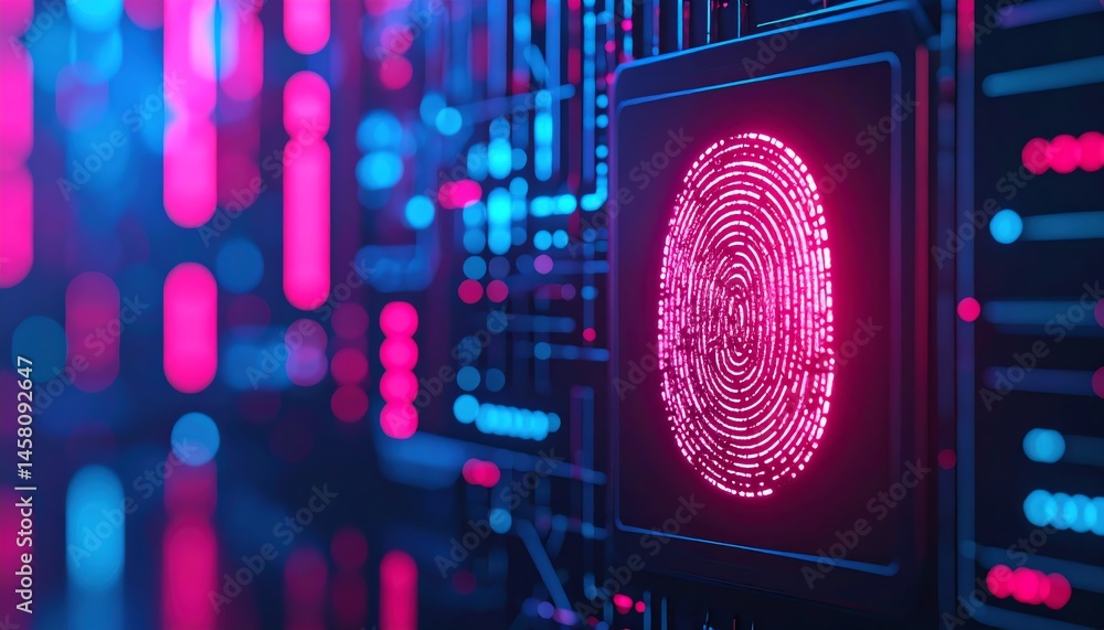 Poster a digital fingerprint glows on a high-tech interface with neon blue and pink circuit patterns in the