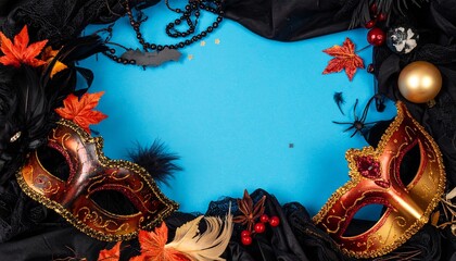 A luxurious and mysterious night masquerade concept unfolds with rich visual drama and elegance, framing an empty central space ideal for text or invitation details.