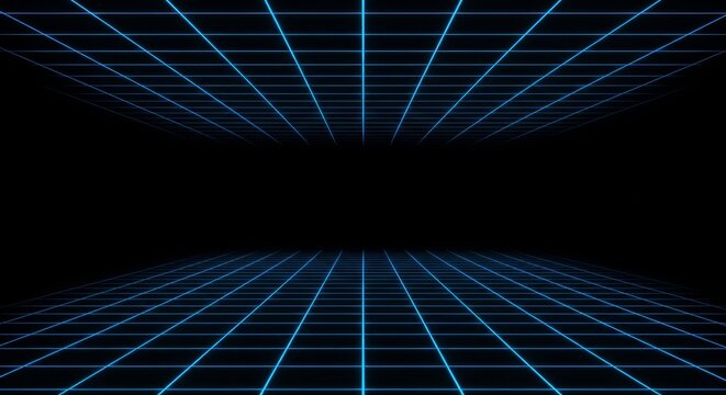 Abstract blue technology design featuring a futuristic 3D tunnel with light lines in a matrix pattern