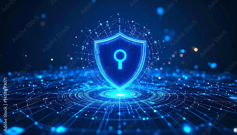 Poster a glowing digital shield with a keyhole symbol represents cybersecurity and data protection in a fut